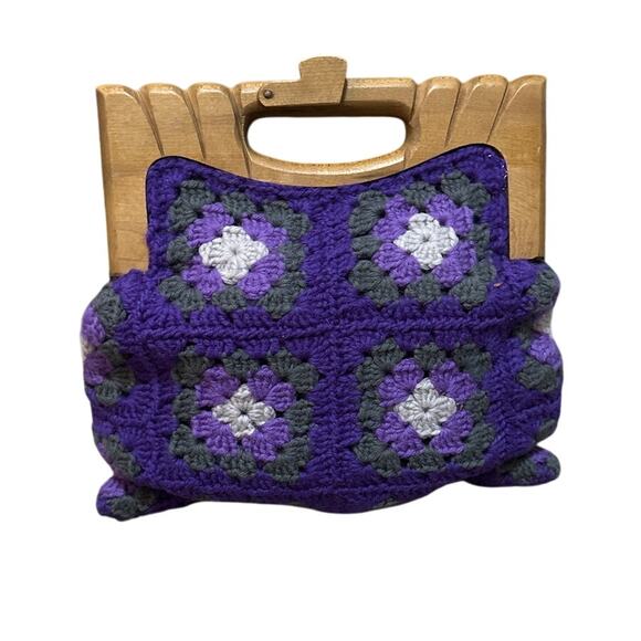 Cottage Core Purple Granny Square Crochet Wood Handle Handbag - Picture 2 of 6